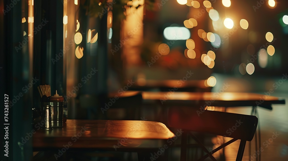 Poster Vintage tone abstract blur image of Restaurant in night time with light bokeh for background usage : Generative AI