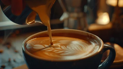 Rolgordijnen Hand of barista making latte or cappuccino coffee pouring milk : Generative AI © Generative AI