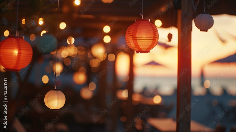 Poster a beautiful defocused landscape of a beach restaurant and club with glittering lanterns and lamps ha