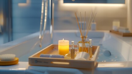 Wooden bath tray with candle air freshener and bathroom amenities on tub indoors : Generative AI