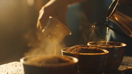 Men barista making a drip coffee pouring hot water from kettle over a ground coffee powder : Generative AI