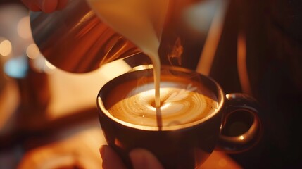 Close up barista hands pouring warm milk in coffee cup for making latte art : Generative AI
