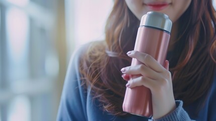 Woman holding thermos bottle at workplace closeup : Generative AI - obrazy, fototapety, plakaty