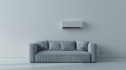 Fototapeta na wymiar Modern air conditioner on white wall in room with stylish grey sofa : Generative AI