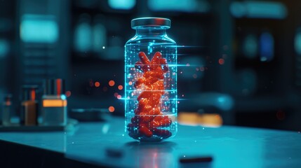 A hologram of a medication bottle appears with a voiceover highlighting its uses side effects and how it interacts with other medications. - obrazy, fototapety, plakaty