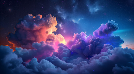 Ethereal clouds aglow with an iridescent light against a starry night sky, creating a dreamlike cosmic scene. - obrazy, fototapety, plakaty