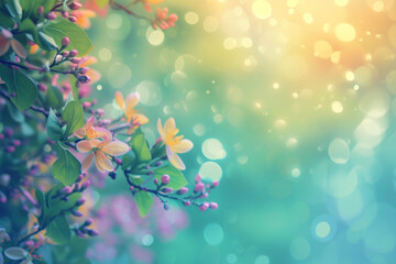 Spring meadow with flowers and blur bokeh light background