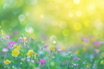 Fototapeta na wymiar Spring meadow with flowers and blur bokeh light background