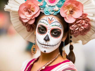 close-up young woman with make-up at the festival Day of the Dead - Dia de los Muertos - a holiday dedicated to the memory of the dead.against the backdrop of illumination