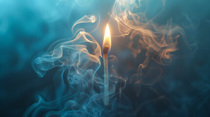 A lit match with smoke and blue background