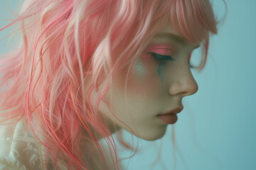 Portrait of a young girl with pink hair and pink makeup 