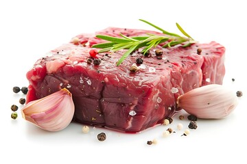 Raw beef steak with garlic isolated on white