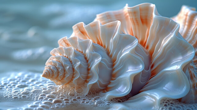 Closeup of a smooth and shiny seashell with intricate ridges and swirls.