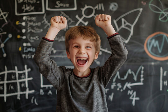Portrait of a cute little boy in front of a blackboard, Generative Ai