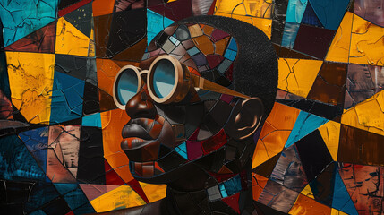 A mosaic depicting a black man in sunglasses, crafted in an Afrofuturism style, with hyper-realistic details and an abstract colorist approach, utilizing glass for an industrial effect - obrazy, fototapety, plakaty