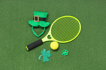 Tennis racket, ball, clovers and leprechaun's hat on green grass background. St. Patrick's Day...