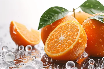 Fotobehang Fresh sliced oranges with water drops and green leaves. Close-up shot with a wet surface. Healthy and refreshing concept. Design for juice brands, summer advertisements, and culinary websites © hasara