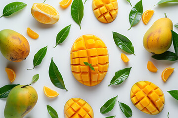 Fresh mangoes and oranges with leaves on a white background. Tropical fruit flat lay composition with copy space for design and print.