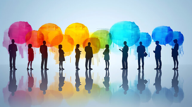 Silhouettes of business people with colorful thought bubbles. Conceptual image for creativity, teamwork, and brainstorming. Design for corporate workshops, team building events