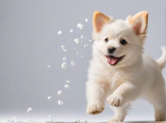 The American Eskimo dog puppy happily carries out the measures taken, crumbs and pieces fly - obrazy, fototapety, plakaty