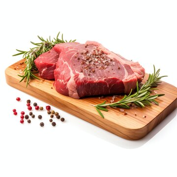 a fresh raw meat on board with spices, studio light , isolated on white background