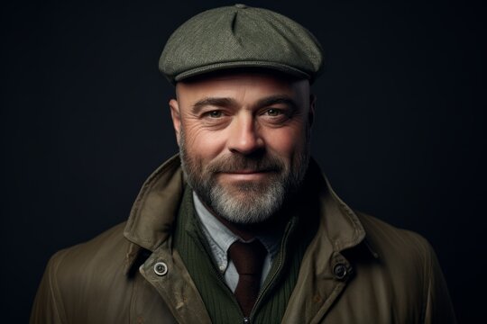 Portrait of a bearded mature man in a cap and jacket.