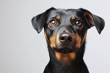Black and tan dog with expressive eyes. Studio pet portrait with a plain light background. Animal emotions and pets concept. Design for pet care services, animal training, and dog lover posters - Powered by Adobe