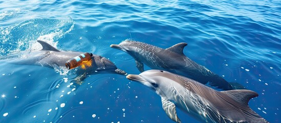 A group of dolphins are swimming playfully in the ocean, with one dolphin engaging in bottle-nosing behavior. The dolphins move gracefully through the water, their sleek bodies cutting through the