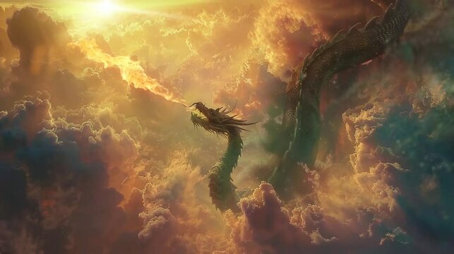 The angry dragon snake spews fire above the clouds. seamless looping time-lapse virtual 4k video Animation Background.
