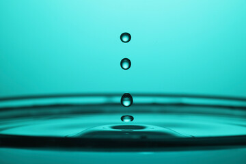 Splash of clear water with drops on turquoise background, closeup