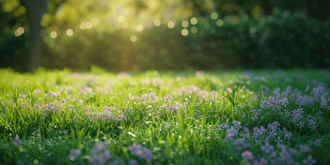 Fototapeta premium Spring lawn green grass and sun rays background