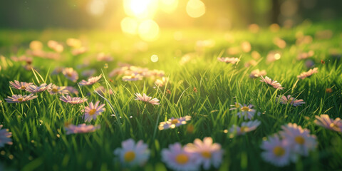 Spring lawn green grass and sun rays background