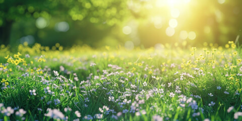 Spring lawn green grass and sun rays background