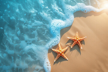Fototapeta na wymiar Top view starfish on the sand beach background, Summer holiday vacation concept