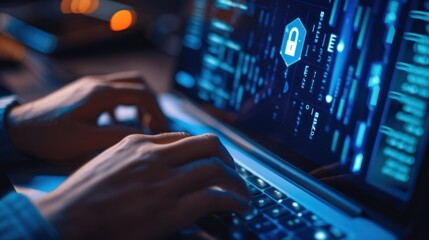 computer programmer, hacker printing code on laptop keyboard, secret organization system.