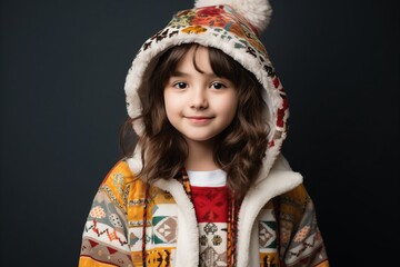 cute little girl in warm winter clothes posing at camera over dark background