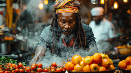 An elder man grilling food at a hawker stall in the city - obrazy, fototapety, plakaty