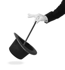 Magician showing trick with wand and top hat on white background, closeup