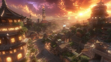 Fantastical Eastern Cityscape at Sunset with Traditional Architecture and a Lush Environment