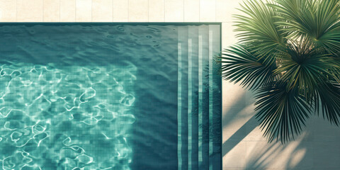 Top view swimming pool with tropical palm trees, Summer holiday vacation concept