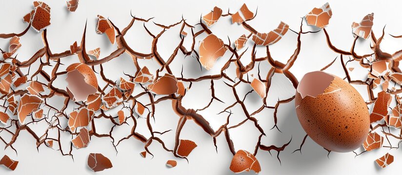 A broken brown eggshell lies cracked on top of a white wall, showcasing its intricate patterns against the stark background.