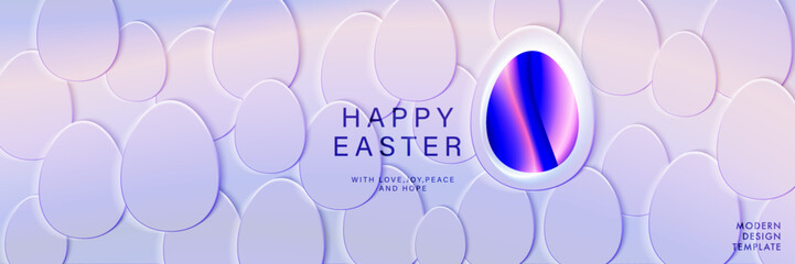 Set of Happy Easter greeting card with easter eggs and wave lights. Modern abstract background. Abstract style posters, web banners, headers or covers for Happy Easter.