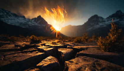 End of the World, Cracked Earth, Burning Mountains, Rising Flame - obrazy, fototapety, plakaty