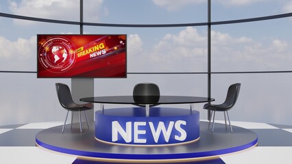 glass table and led screen background in a news studio room.3d rendering.	