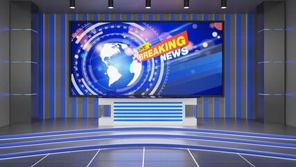 glass table and led screen background in a news studio room.3d rendering.	
