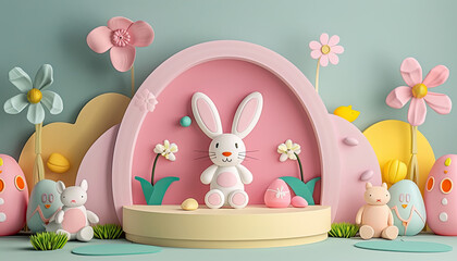 3D easter display podium, pastel easter background, easter eggs on background, round frame, nature minimal pedestal, beauty, cosmetic product presentation, easter podium