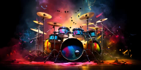 Fotobehang Araphid image of a drum set in a stage with smoke and rocks Multicolored Drums guitars colors. Party electric. © kalsoom