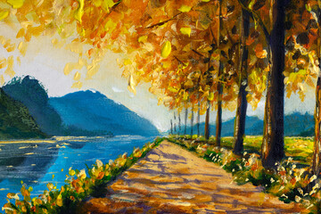 Sunny road alley near the lake oil painting, blue mountains and autumn tall trees illustration. Autumn sunny landscape.