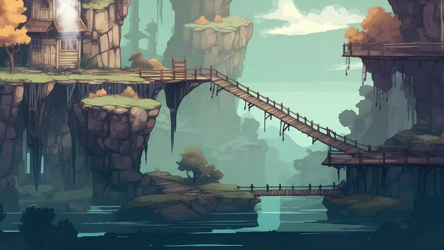 animation landscape cartoon style, mountain, lake, river, bridge, sky, trees, for game, cartoon movie