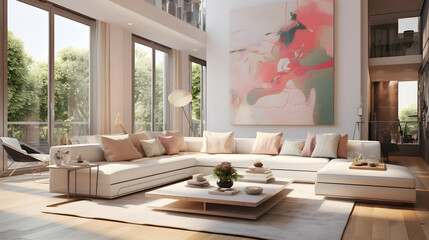 Luxurious, Spacious, and Sophisticated GX-Style Living Room Interior in a Day Light Setting with a Scenic Outside View